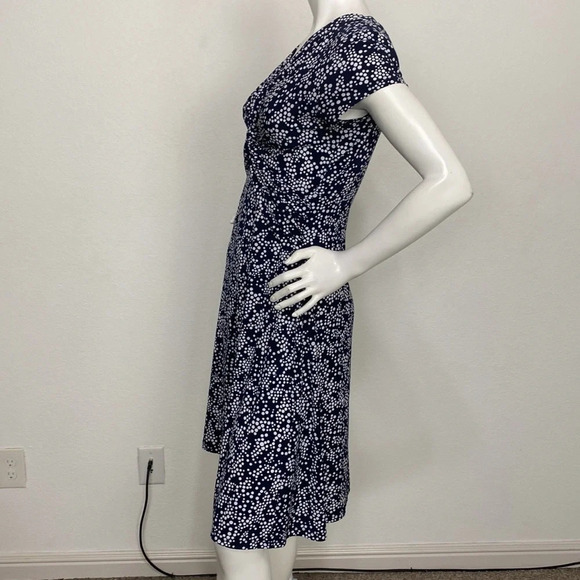 Connected Apparel Navy Blue & White Polka Dot V-Neck Jersey A-Line Dress Size 6 - Picture 3 of 8